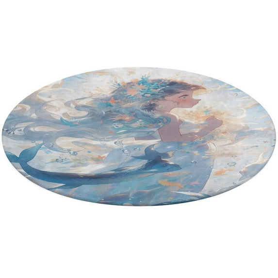 Mermaid Glitter Fish Scale Girls Washable Round Rug -Circle Area Rugs for Nursery Bedroom, Vintage Non Slip Non Shedding Low Pile Carpet for Living Room Coffee Table Entryway