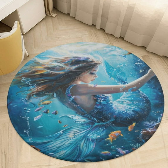 Mermaid Glitter Fish Scale Girls Washable Round Rug -Circle Area Rugs for Nursery Bedroom, Vintage Non Slip Non Shedding Low Pile Carpet for Living Room Coffee Table Entryway