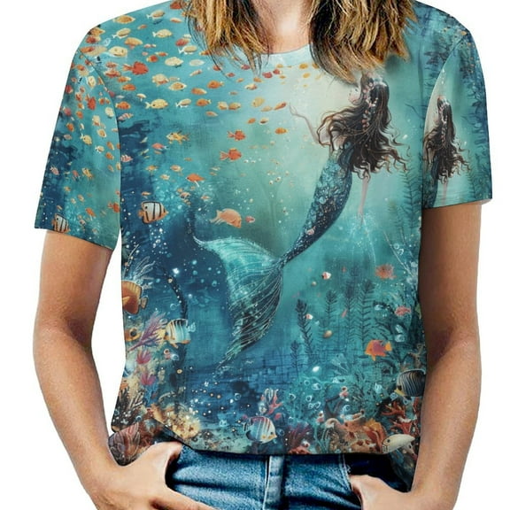 Mermaid Glitter Fish Scale Girls Women's Short Sleeve T-Shirt Crew Neck Casual Summer Trendy Loose Fit Tops