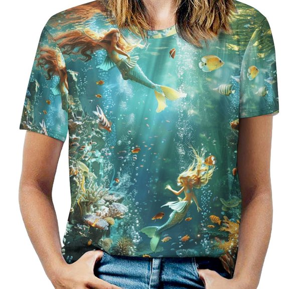 Mermaid Glitter Fish Scale Girls Women's Short Sleeve Tops Casual Blouses T Shirt