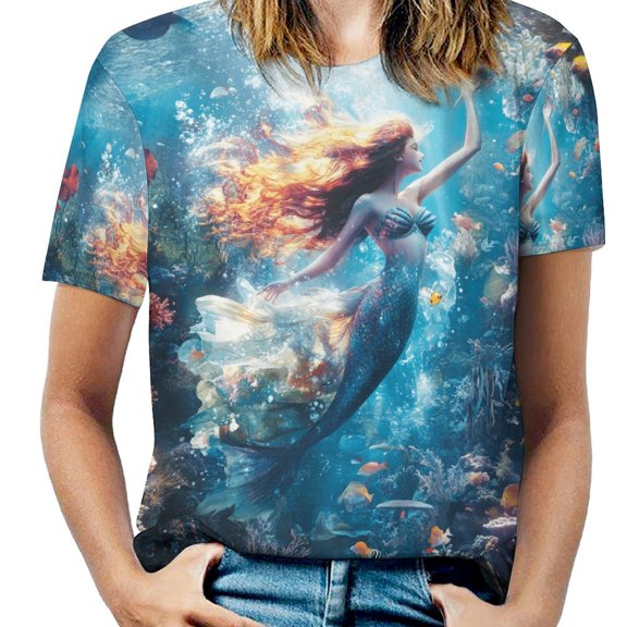 Mermaid Glitter Fish Scale Girls Women's T-Shirt Short Sleeve T Shirts Tops Tee Ladies Loose T