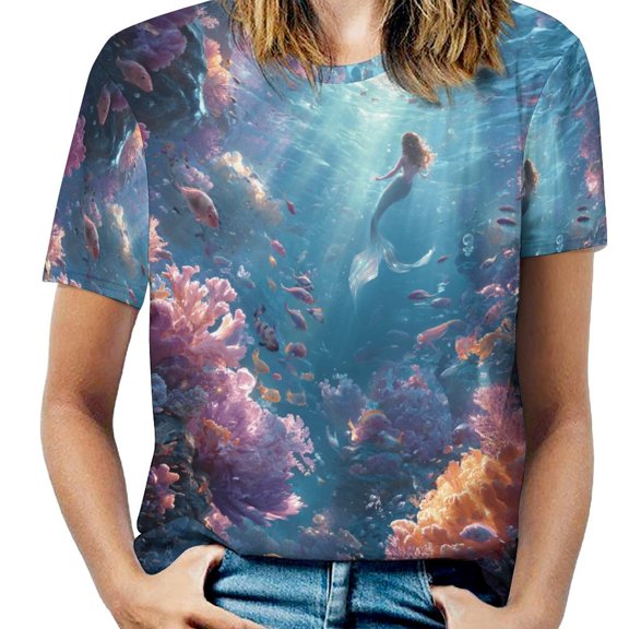 Mermaid Glitter Fish Scale Girls Womens Tops Women's Fashion Casual Short Sleeve Flower Print Round Neck Pullover Top Blouse