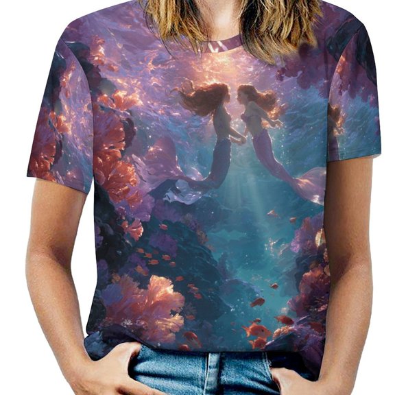 Mermaid Glitter Fish Scale Girls Womens Tops Women's Fashion Casual Short Sleeve Flower Print Round Neck Pullover Top Blouse