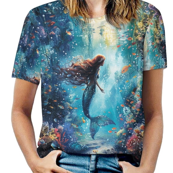 Mermaid Glitter Fish Scale Girls Womens Tops Women's Fashion Casual Short Sleeve Flower Print Round Neck Pullover Top Blouse