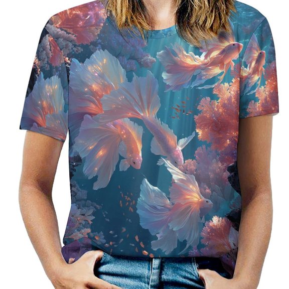 Mermaid Glitter Fish Scale Girls Womens Tops Women's Fashion Casual Short Sleeve Flower Print Round Neck Pullover Top Blouse