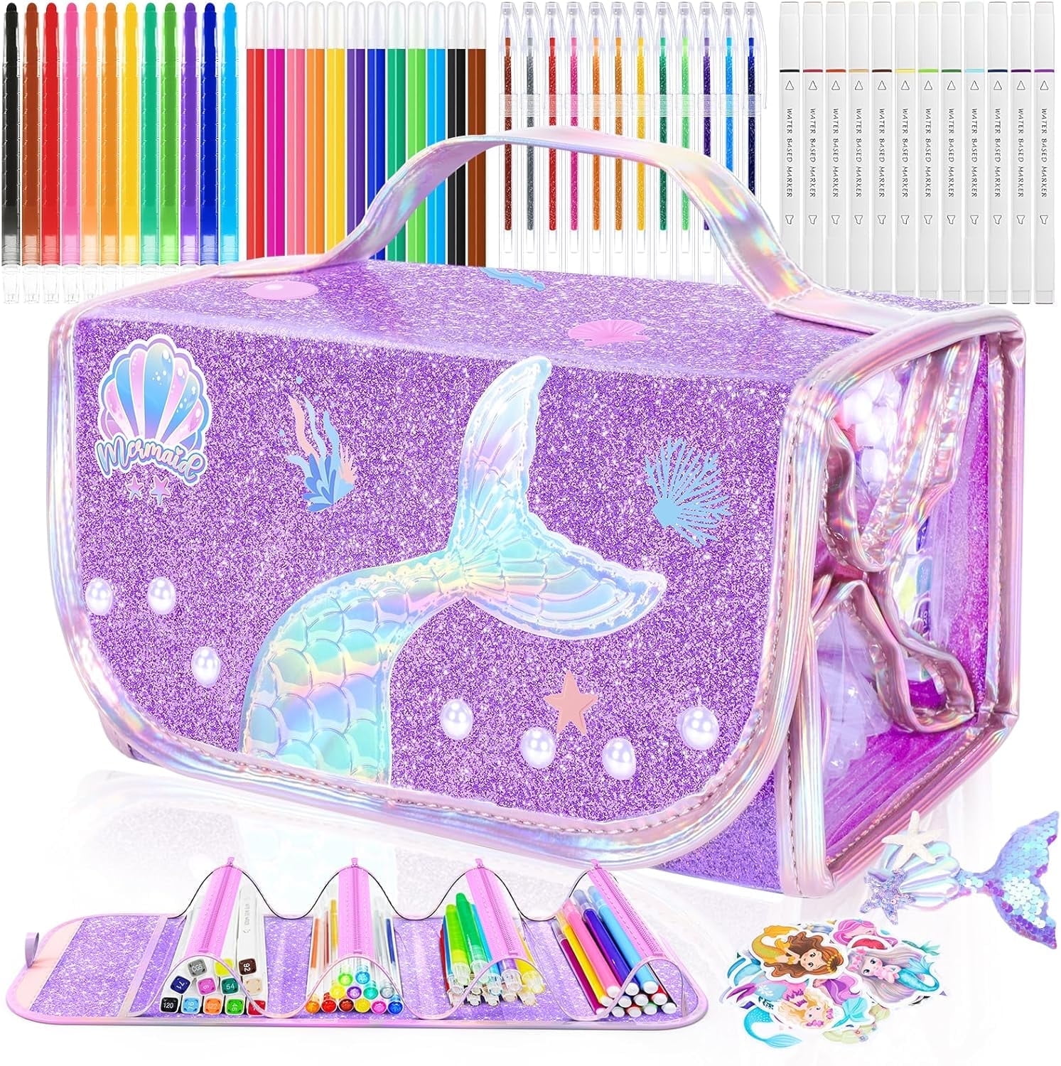 70PCS Mermaid Washable Markers Set with Glitter,Art Supplies for Kids Ages 4-6-8,Drawing Coloring Art Craft Kits for Girls with Marker,Glitter Pens,Crayon,Birthday Gifts Toys for Girls