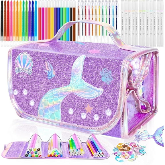 70PCS Mermaid Washable Markers Set with Glitter,Art Supplies for Kids Ages 4-6-8,Drawing Coloring Art Craft Kits for Girls with Marker,Glitter Pens,Crayon,Birthday Gifts Toys for Girls