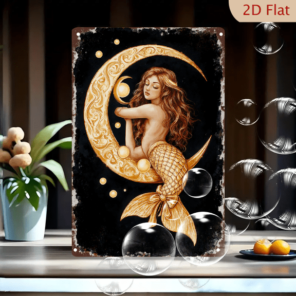 Mermaid with Golden Crescent Moon 8x12inches Metal Wall Art, Fantasy Serene Girl Embracing Ornate Moon on Dark Textured Background, Mystical Gold & Black Decorative Tin Sign for Home Living Room