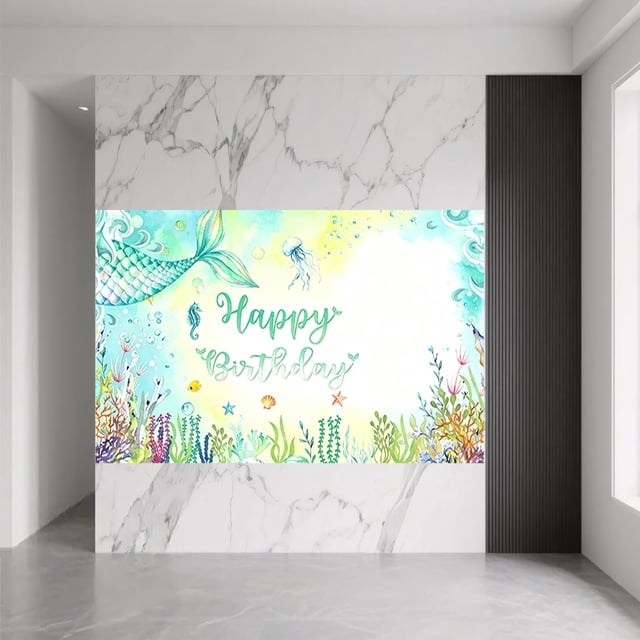 Learning Virtual Backdrops Mermaid Happy Birthday Backdrop Mint Green Ocean World Birthday Photo ...