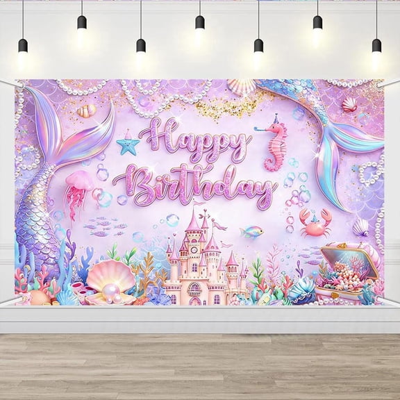Mermaid Happy Birthday Backdrop Under The Sea Birthday Background for Girls Ocean Castle Mermaid Birthday Party Decorations Banner Supplies Photo Booth Props
