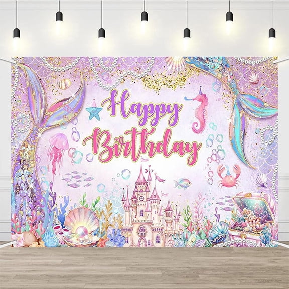 Mermaid Happy Birthday Backdrop Under The Sea Birthday Background for Princess Girls Dreamy Ocean Castle Glitter Mermaid Birthday Party Decorations Banner Photo Booth Props