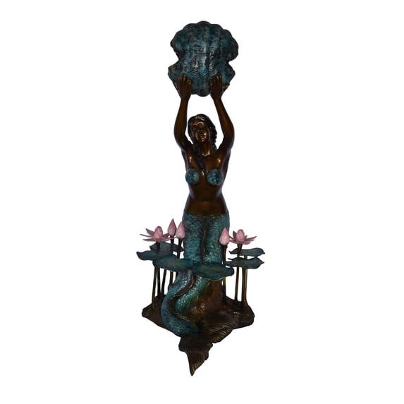 Nifao Mermaid Holding Shell19" x 26" x 40"H – Outdoor Bronze Fountain, Garden Water Feature, 19"L x 26"W x 40"H