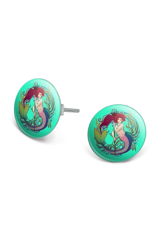 Mermaid Holding Trident Circle Art Nouveau Kelp Novelty Silver Plated Stud Earrings