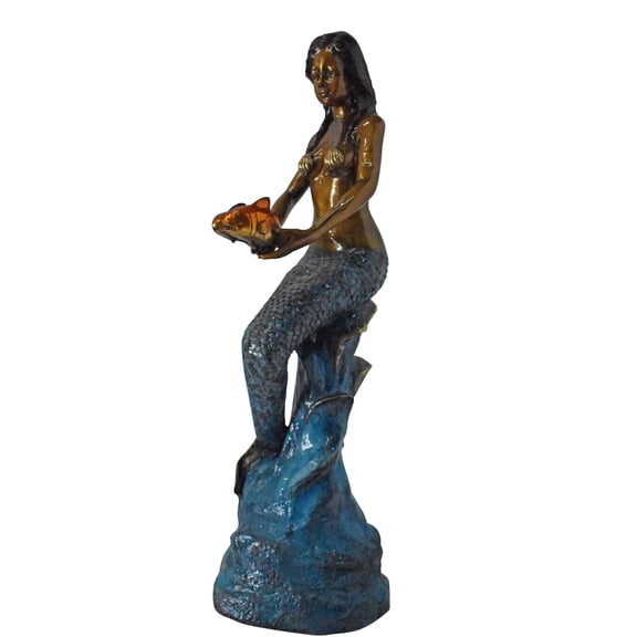 Nifao Mermaid Holding Two Fish Bronze Statue Color Finish, Home Decor Sculpture, 14"L x 14"W x 43"H
