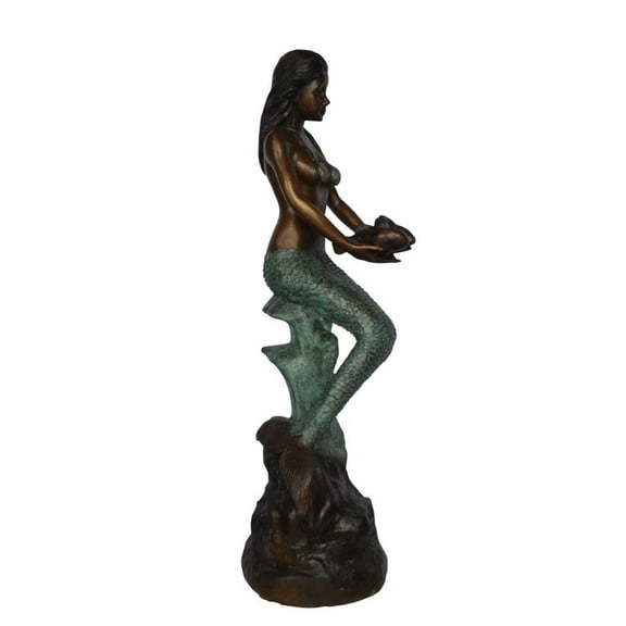 Mermaid Holding Two Fish Bronze Statue -  Size: 14"L x 14"W x 43"H.