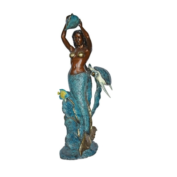 Mermaid Holding a Shell Fountain W Turtle Bronze Statue - Size: 32" x 19" x 60"H