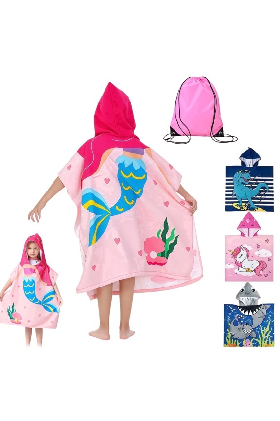 Kids Hooded Beach Towel Mermaid Printed Quick Dry Microfiber Poncho Wrap for Toddlers Ages 3-10 Pool Beach Bath Towel for Girls