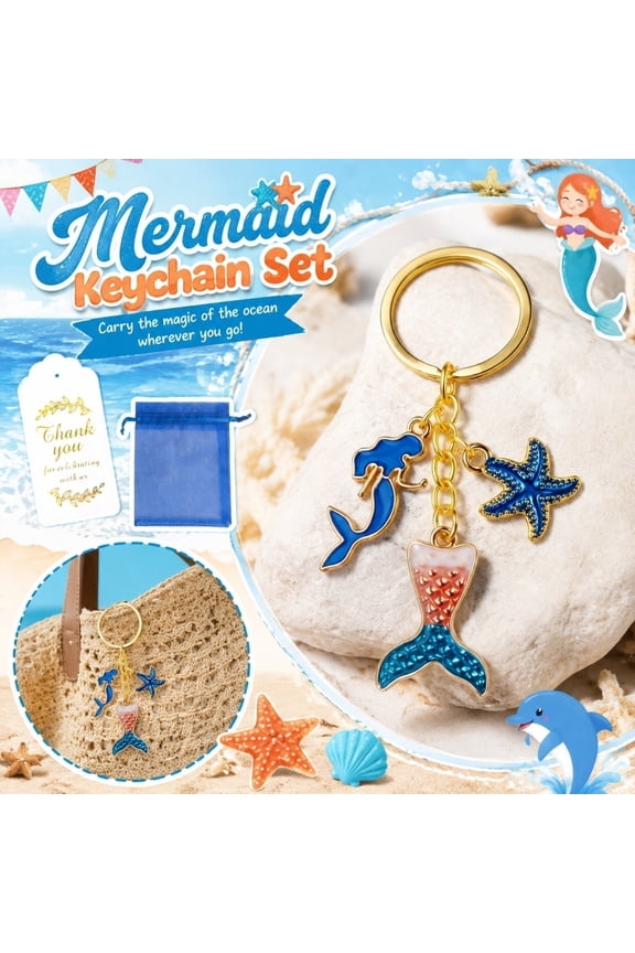 Mermaid Keychain Set, Enamel Ocean Charm Keychain with Mermaid Tail & Starfish, Cute Key Ring for Purse, Backpack, Car Keys, Beach Party Favors,3.15 in,2pc.