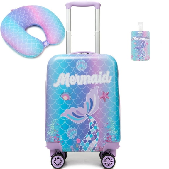 Mermaid Kids Luggage Sets 2 Piece with Neck Pillow Airplane Small Suitcases with Wheels for Girls Rolling Suitcase Travel Essentials