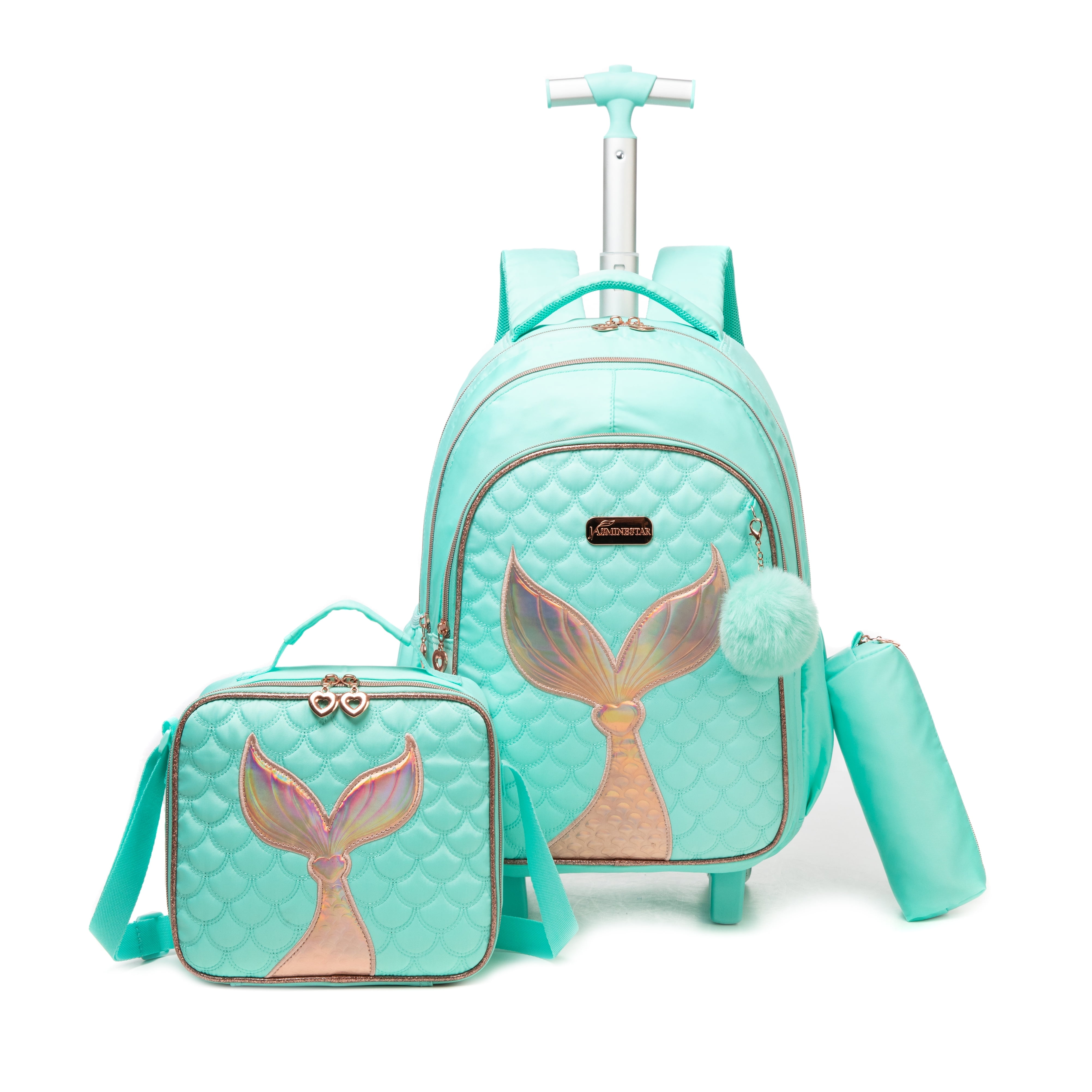Mermaid Kids Rolling Backpack with Wheels for School Girls Bookbag with Lunch Box Pencil Case Luggage Ages 6-8 Green