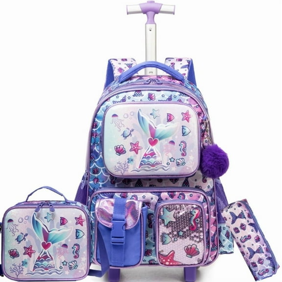 Mermaid Kids Rolling Backpack for Girls with Lunch Box Cute Roller Backpacks for Elementary School Bag Ages 6-8 Kids