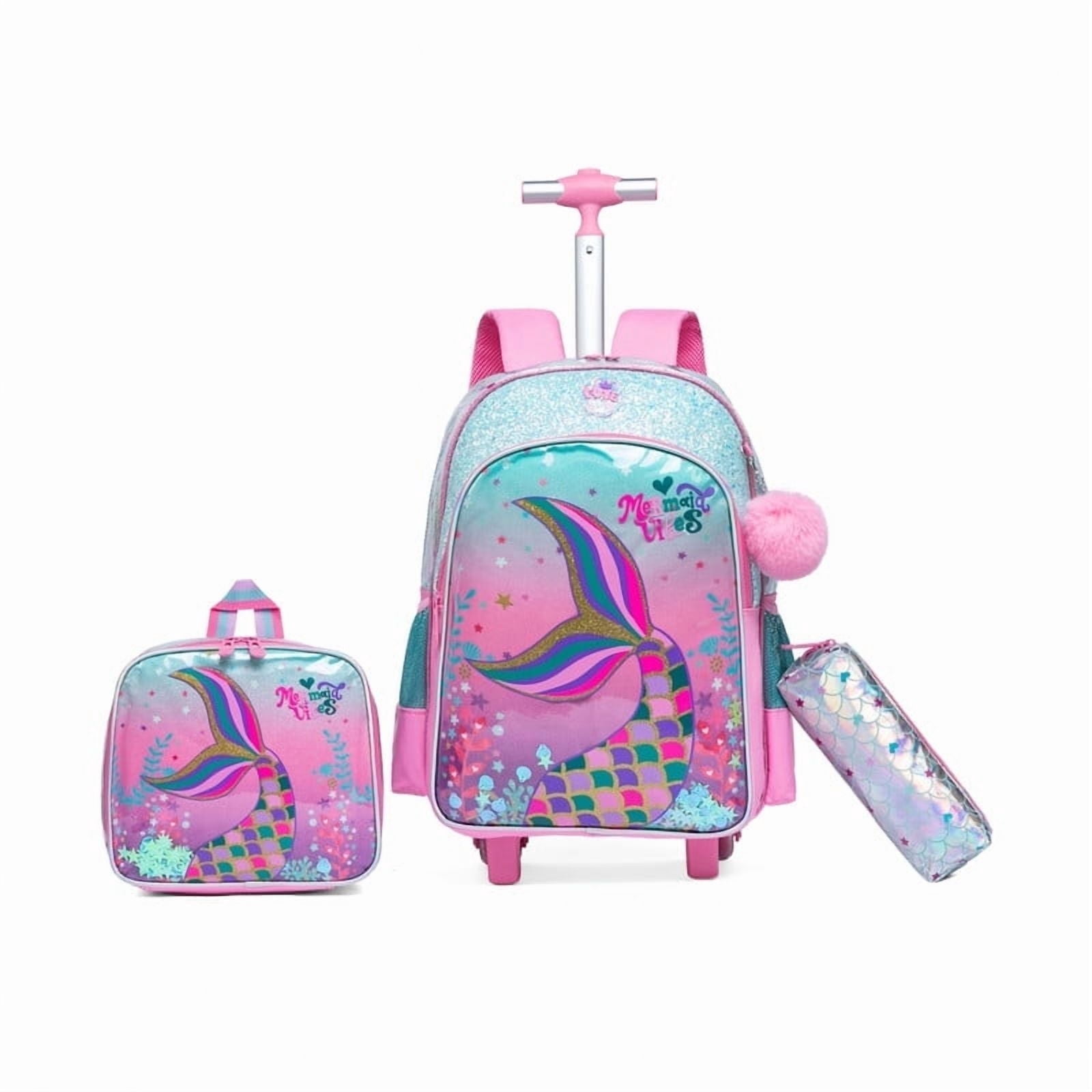 Mermaid Kids Rolling Backpacks for Girls Pink Roller Backpack with ...