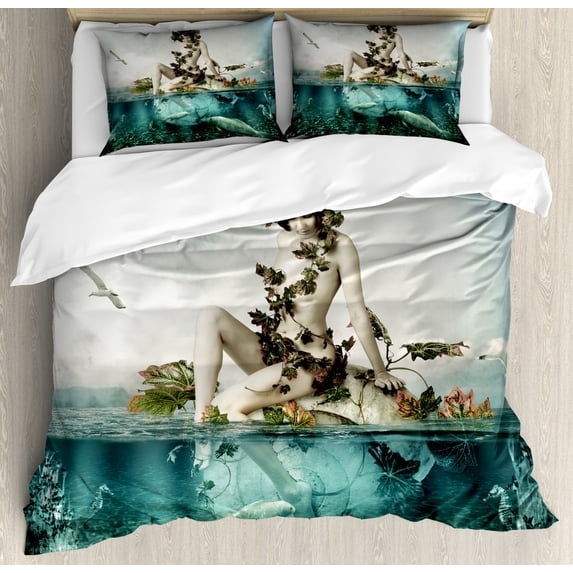 Mermaid King Size Duvet Cover Set, Mythological Woman Sitting on a Shell with Leaves Birds Clouds Over Magic Sea, Decorative 3 Piece Bedding Set with 2 Pillow Shams, Blue Beige Teal, by Ambesonne
