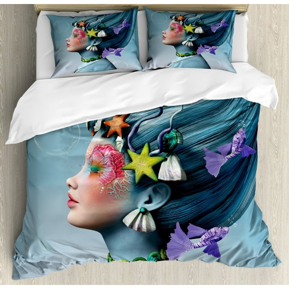 Mermaid King Size Duvet Cover Set, Woman with Underwater Themed Make Up Hairstyle Starfishes Seashells Fishes Bubbles, Decorative 3 Piece Bedding Set with 2 Pillow Shams, Multicolor, by Ambesonne