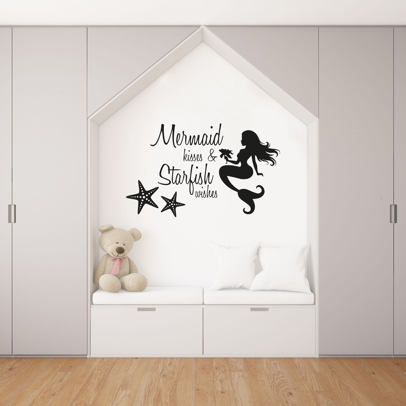 Mermaid Kisses And Starfish Wishes Inspirational Motivation Quote Mermaid Starfish Silhouette Vinyl Wall Art Wall Sticker Wall Decal Home Room Decoration Decal Kids Room Décor Size (10x10 inch) - image 1 of 3