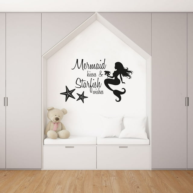 Mermaid Kisses And Starfish Wishes Inspirational Motivation Quote Mermaid Starfish Silhouette Vinyl Wall Art Wall Sticker Wall Decal Home Room Decoration Decal Kids Room Décor Size (10x10 inch)
