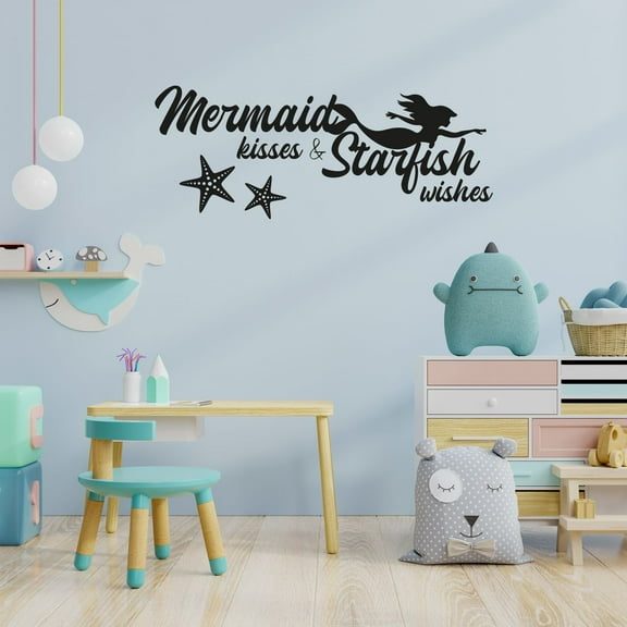 Mermaid Kisses And Starfish Wishes Inspirational Quote Beautiful Mermaid Starfish Silhouette Vinyl Wall Art Wall Sticker Wall Decal Home Room Decoration Decal Kids Room Décor Size (27x30 inch)