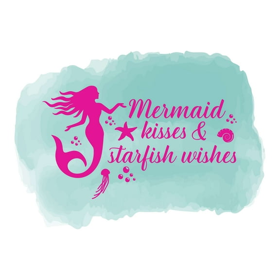 Mermaid Kisses & Starfish Wishes Cute Mermaid Quote Watercolor Vinyl Wall Design Wall Art Sticker Designs Vinyl Stickers For Home House Walls Rooms Windows Bedroom Decoration Size (20x20 inch)