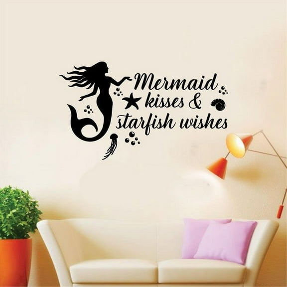Mermaid Kisses, Starfish Wishes - Under The Sea Cute Quote Design Vinyl Wall Art Wall Sticker Wall Decal Decoration For Home Room Kids Room Nursery Room Girls Boys Décor Design Size (30x30 inch)