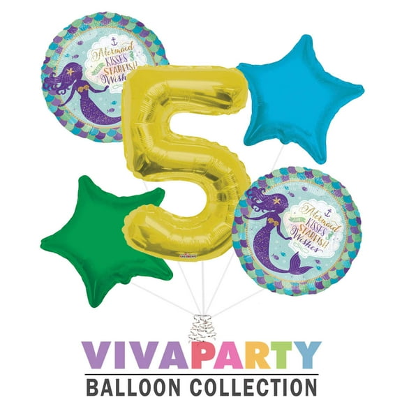 Mermaid Kisses and Starfish Wishes Round Balloon Bouquet 5 pc, 5th Birthday, Gold Number 5 Jumbo Balloon | Viva Party Balloon Collection
