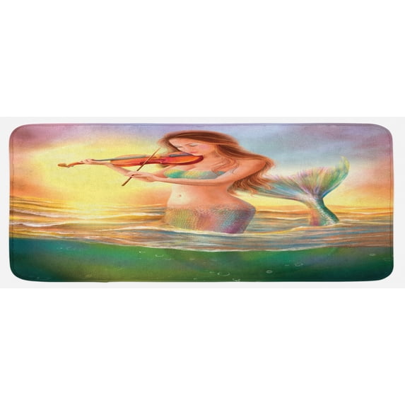 Mermaid Kitchen Mat, Mermaid Playing Violin at Sunset View Colorful Realistic Design Soft Dreamlike, Plush Decorative Kitchen Mat with Non Slip Backing, 47" X 19", Multicolor, by Ambesonne