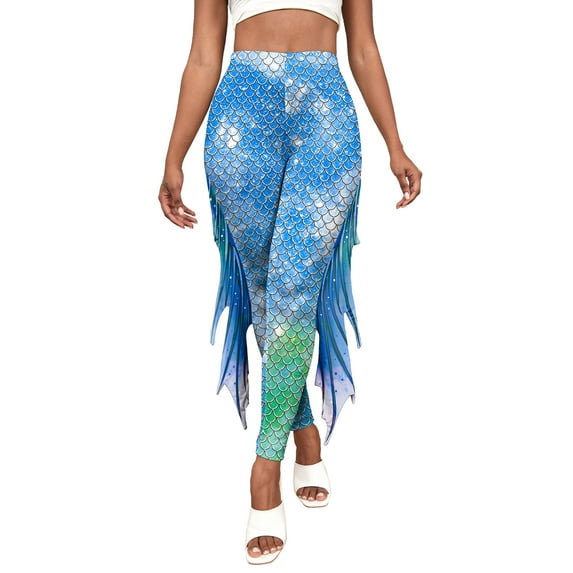 Mermaid Leggings for Women 3D Graphic Elastic Sexy Tight Pants Fish Scale Colorful Sequins Trousers Casual Funny Cosplay Dance Costume Bottoms with Fins Tail