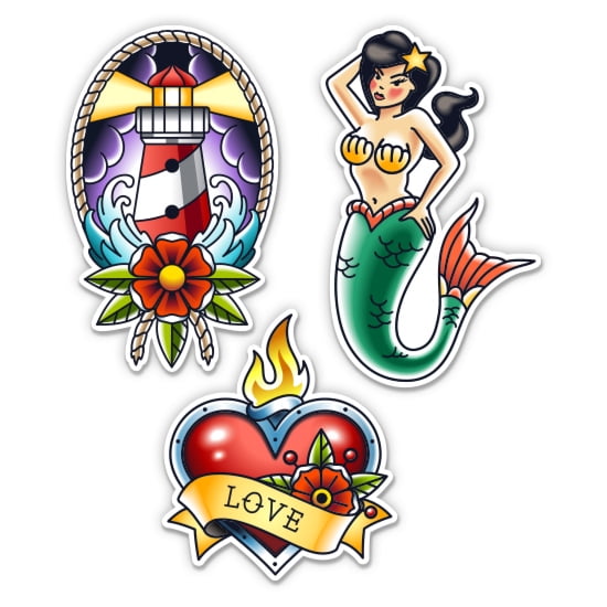 Mermaid Lighthouse Heart Classic Tattoo Style Set of 3 - 2.5" Each Vinyl Stickers - For Car Laptop Water Bottle Phone - Waterproof Decals