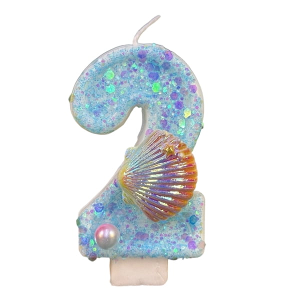 Mermaid Magic Birthday Number Candle, Glitter Seashell Pearl Decor Cake Topper for Kids Party,Number 2