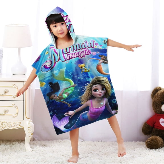 Mermaid Magic Hooded Beach Towel Poncho for Kid Girls Toddlers Boys Bath Pool Swim Cover-ups Swimwear Soft Lightweight Microfiber