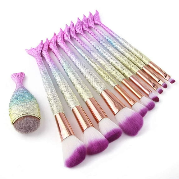 Mermaid Makeup Brushes, 11pcs Professional Blending Blush Concealer Synthetic Fiber Bristles Brush Special Cosmetic Brushes Kits for Women(purple)