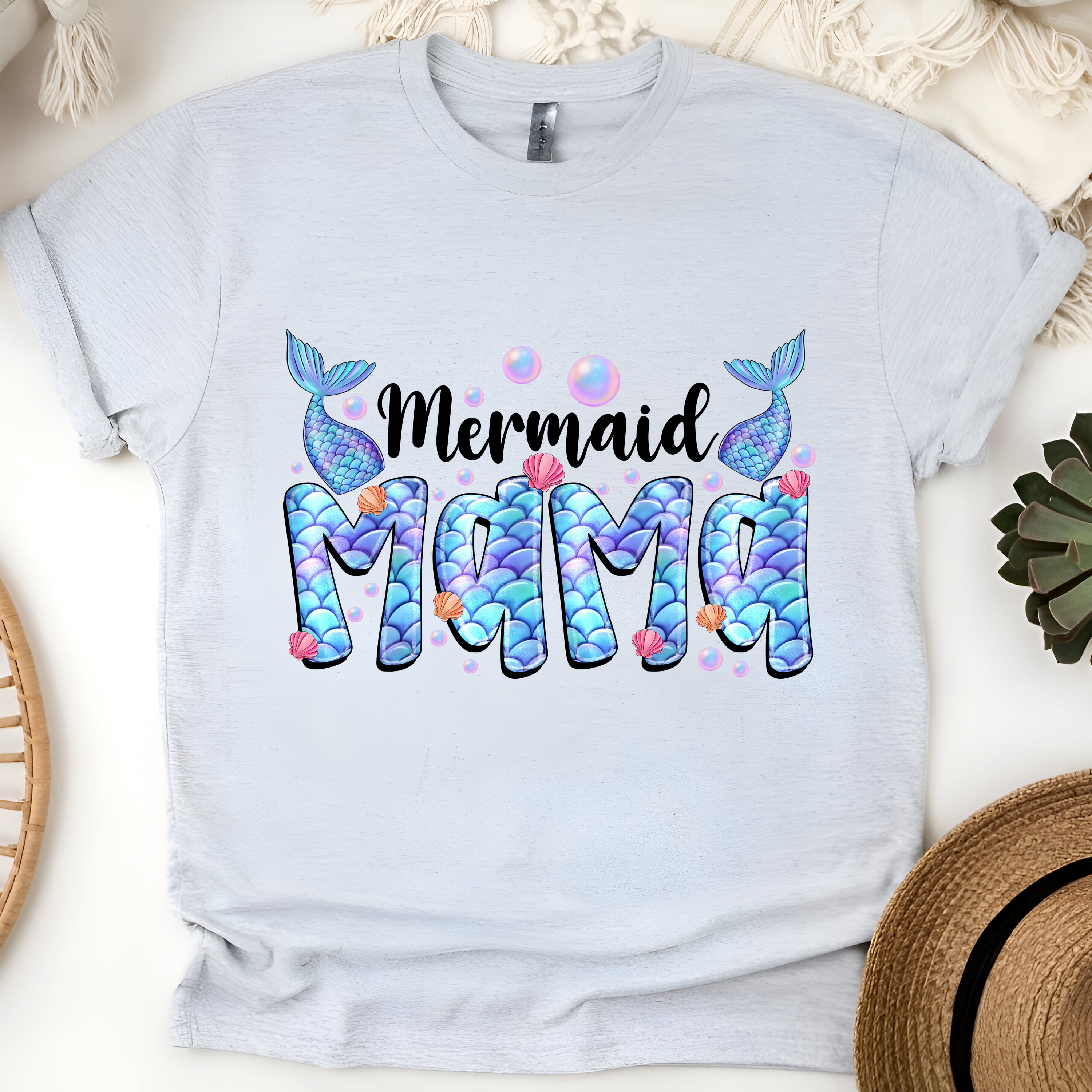 Mermaid Mama T-Shirt, Cute Ocean-Themed Shirt for Moms, Ash, Size