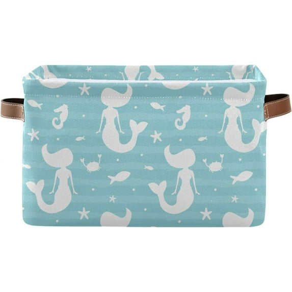 Mermaid and Marine Life Silhouettes Storage Basket, Durable Canvas Organizer With Handles Large Collapsible Storage Bins Boxes for Home Office - 2 Pack Home Decor