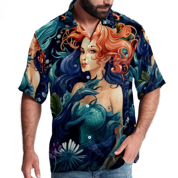 Mermaid Men's Casual Short Sleeve Button Down Shirts - Printed Summer Beach Tops for Men and Women