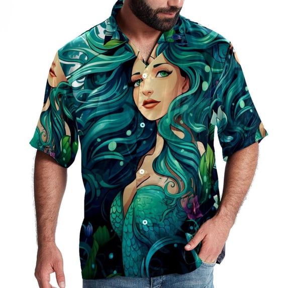 Mermaid Men's Short Sleeve Casual Printed Button Down Beach Shirt - Summer Hawaiian Top