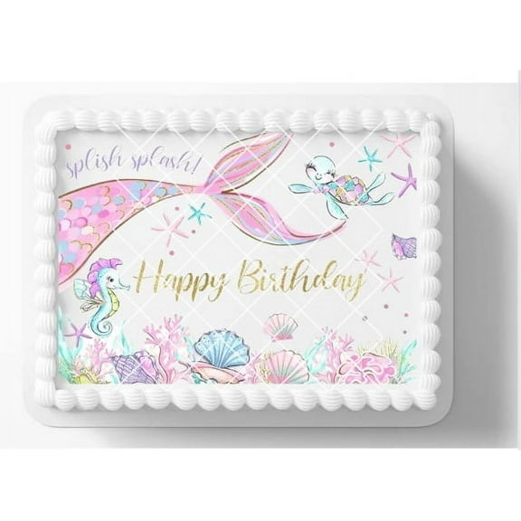 Mermaid Mermaids Splash Party Themed Pool Birthday Party Cake Topper Frosting Sheet You Add To Your Own Cake Will Fit A 1/4 to 1/2 Sheet Cake