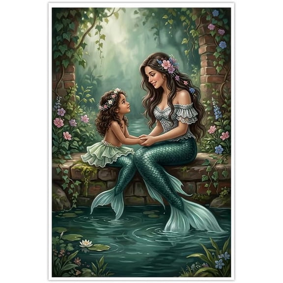 Mermaid Mother and Daughter Canvas Wall Art Posters Enchanted Garden Fantasy Pictures Whimsical Mermaid Decor for Girls Bedroom Nursery Kids Room Aesthetic Artwork