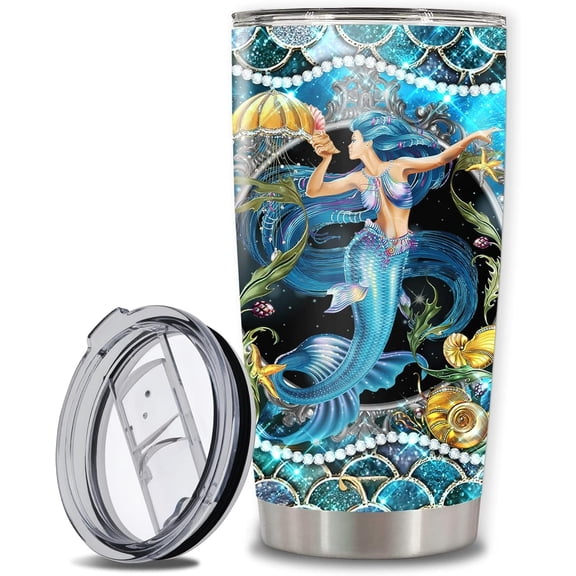 Mermaid Mug with Lid Double Wall Vacuum Insulated Travel Mug 20 Ounces Stainless Steel Thermos Printed Animal Style Gift Birthday Christmas Mother's Day Women Girls Mom