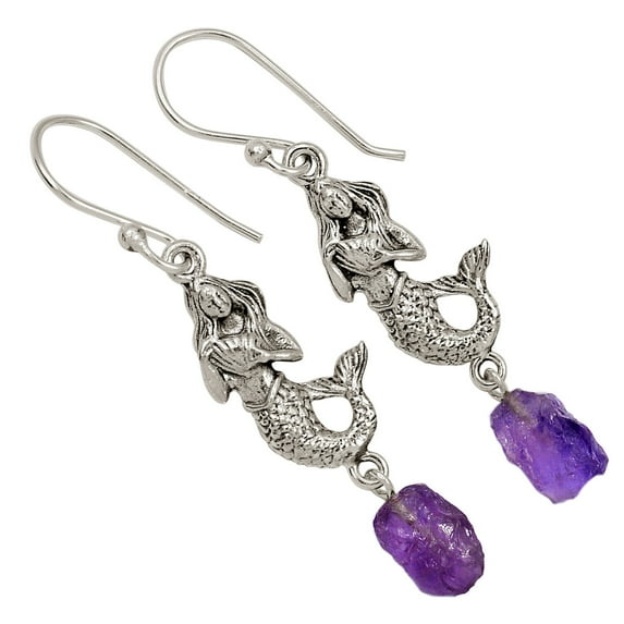 Mermaid - Natural Amethyst Rough - African 925 Silver Earrings ALLE-17675