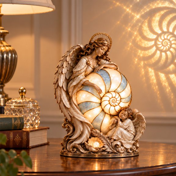 Mermaid Nautilus Lamp, Metal Angel Figurine Lighted Coastal Shell Decor with Warm Glow, Sculptural Beach Table Accent for Bedroom, Living Room, Bookshelf and End Table