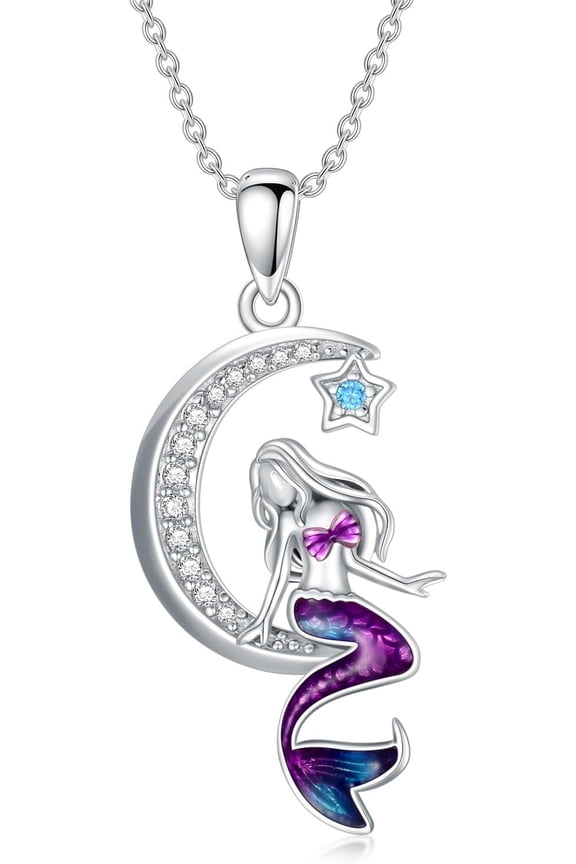 Mermaid Necklace 925 Sterling Silver Mermaid Crescent Moon Pendant Necklaces Ocean Jewelry Gifts for Women